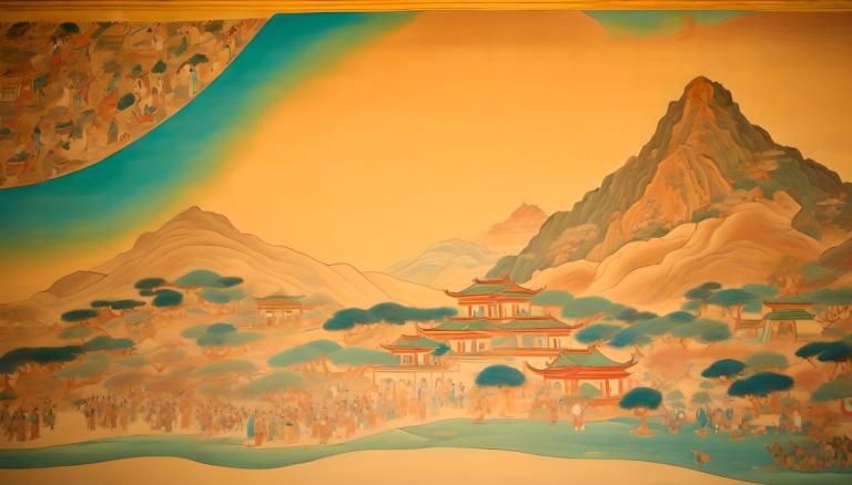 Fresque,Fresque, Personnes, peintures murales de Dunhuang, montagne, paysage, arbre