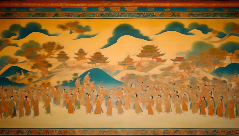 Fresco,Fresco, People, dunhuang murals, east asian architecture, architecture, mountain, cloud, scenery