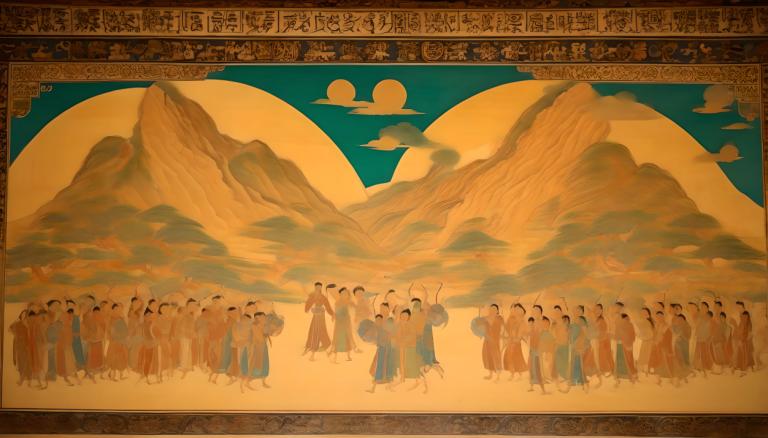 Fresco,Fresco, People, dunhuang murals, mountain, sky, multiple boys, cloud, 6+boys, walking, robe, outdoors