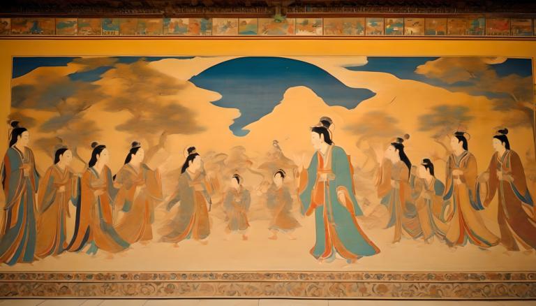 Fresco,Fresco, Gente, murales de dunhuang, hanfu, ropa china, pelo negro, pelo largo, varias chicas