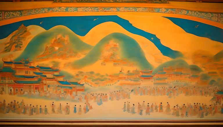 Fresco,Fresco, People, dunhuang murals, 6+boys, mountain, scenery, multiple boys, bird, sky, architecture