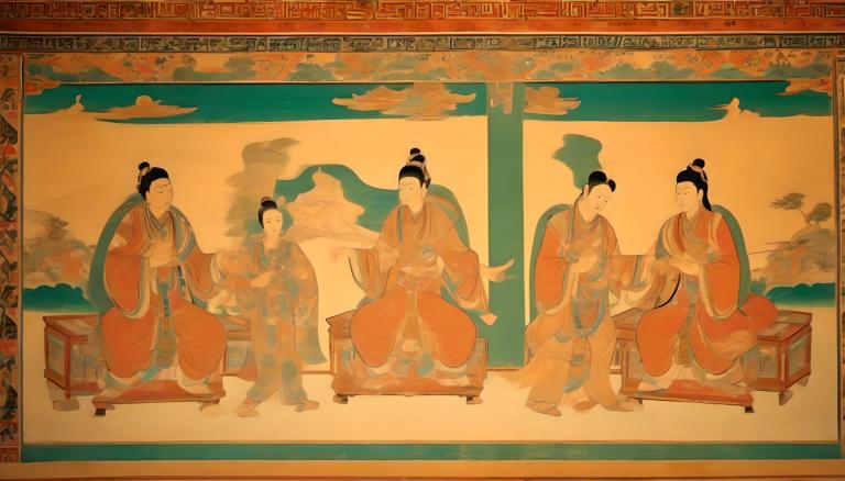 Fresco,Fresco, People, dunhuang murals, multiple boys, robe, topknot, hanfu, black hair, sitting