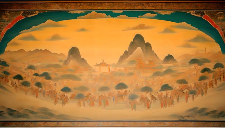 Fresco,Fresco, People, dunhuang murals, mountain, scenery, cloud, sky, architecture, outdoors, tree