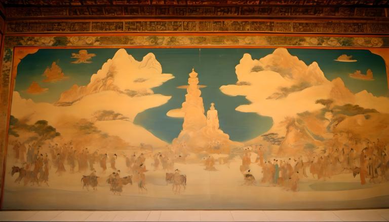 lukisan dinding,lukisan dinding, Rakyat, mural dunhuang, kuda, awan, langit, gunung, pemandangan, gurun