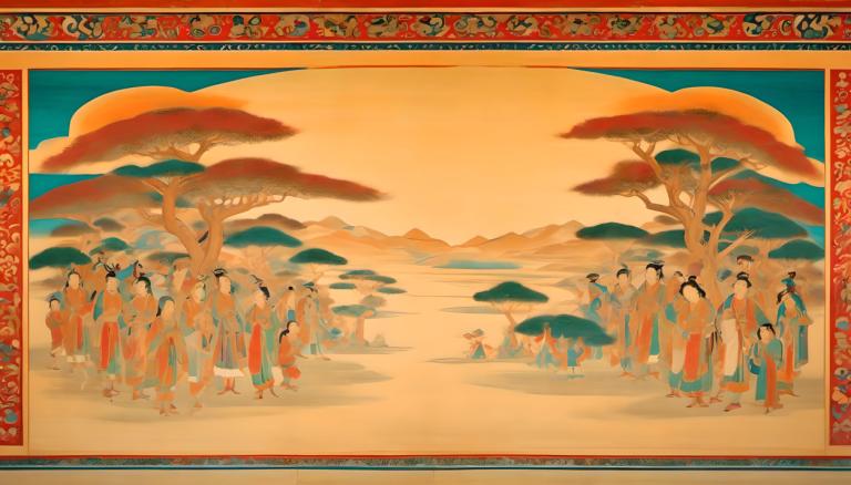 Fresco,Fresco, People, dunhuang murals, tree, outdoors, mountain, multiple girls, desert, 6+girls, palm tree