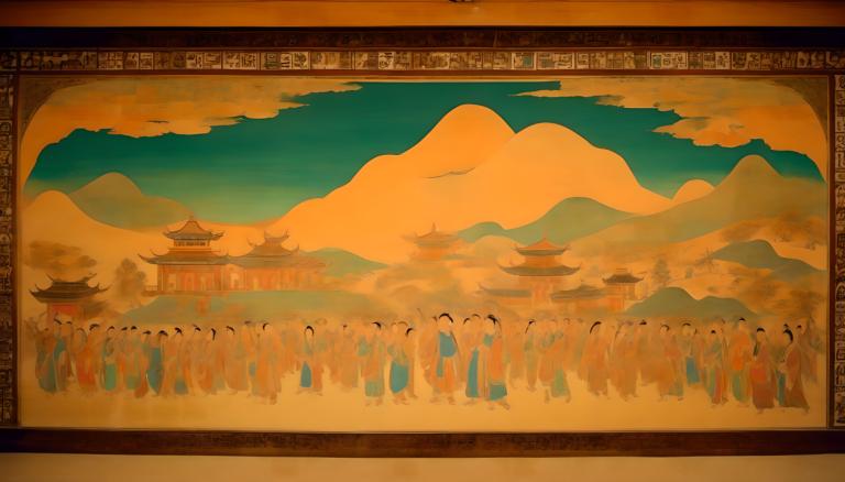 Fresco,Fresco, People, dunhuang murals, architecture, east asian architecture, scenery, mountain, sky