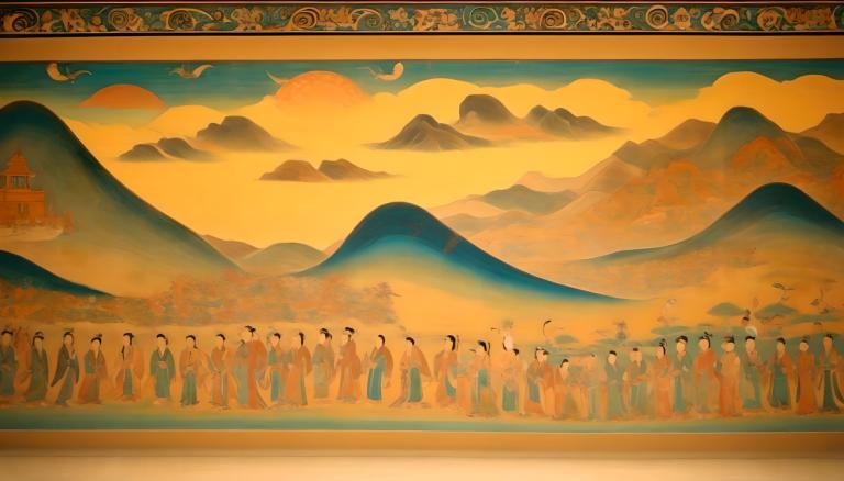 Fresco,Fresco, People, dunhuang murals, mountain, scenery, cloud, sky, outdoors, 6+boys, multiple boys, bird