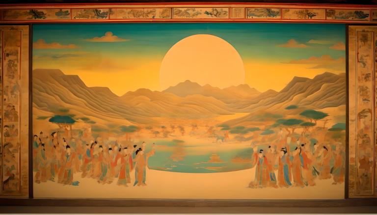 Fresco,Fresco, People, dunhuang murals, mountain, sun, sunset, 6+boys, multiple boys, cloud, sky, scenery