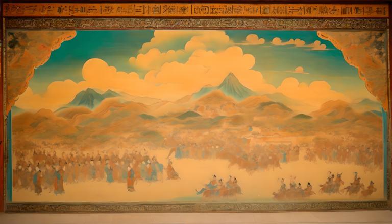 lukisan dinding,lukisan dinding, Rakyat, mural dunhuang, gunung, awan, langit, pohon, banyak anak laki-laki