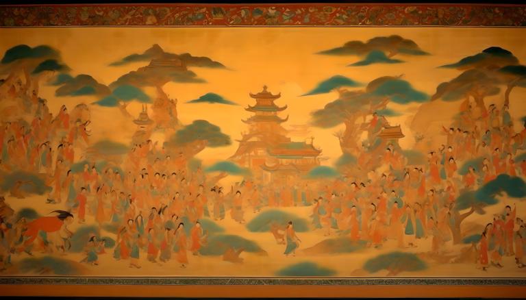 Fresco,Fresco, People, dunhuang murals, architecture, east asian architecture, pagoda, bird, cloud, scenery