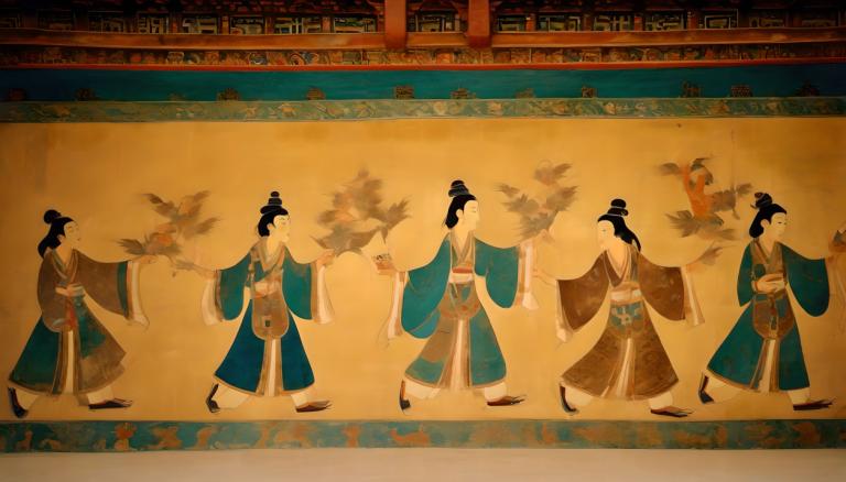 Fresco,Fresco, People, dunhuang murals, walking, bird, 1boy, outstretched arms, wide sleeves, long sleeves