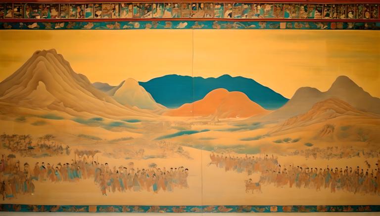 lukisan dinding,lukisan dinding, Rakyat, mural dunhuang, gunung, di luar rumah, gurun, pemandangan