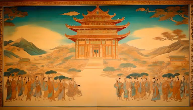 Fresco,Fresco, People, dunhuang murals, architecture, east asian architecture, 6+boys, mountain, scenery