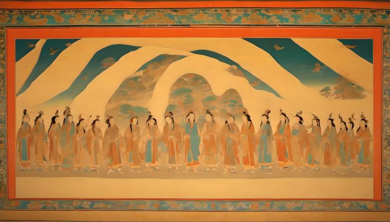 Fresco,Fresco, People, dunhuang murals, bird, cloud, sky, 6+boys, multiple boys, long hair, multiple girls