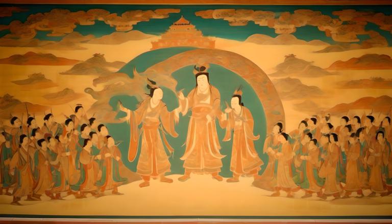 Fresco,Fresco, People, dunhuang murals, hanfu, multiple girls, multiple boys, chinese clothes, black hair