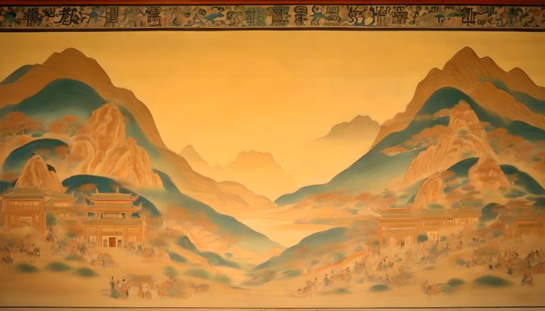 Fresco,Fresco, People, dunhuang murals, mountain, scenery, tree, outdoors, snow, sky, house, architecture