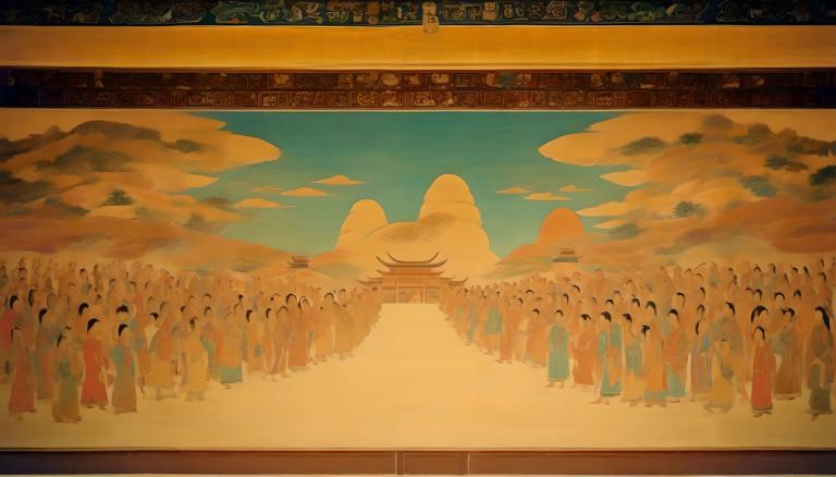 Fresco,Fresco, People, dunhuang murals, sky, cloud, mountain, scenery, outdoors, desert, 6+others, blue sky