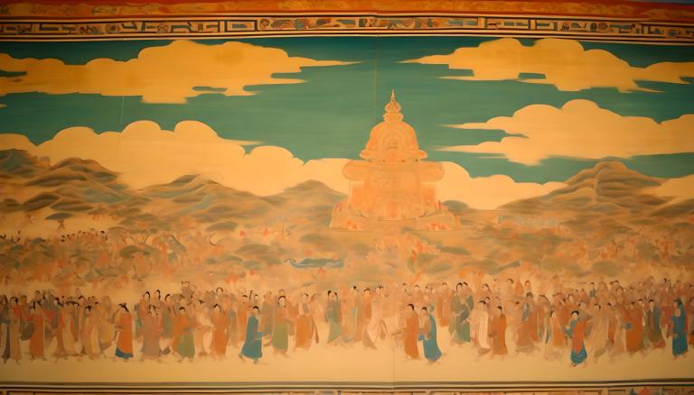 lukisan dinding,lukisan dinding, Rakyat, mural dunhuang, awan, langit, gunung, pemandangan, di luar rumah