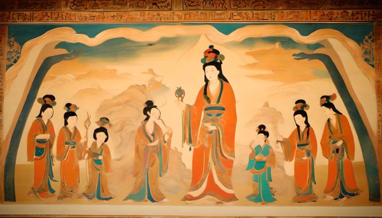 Fresk,Fresk, İnsanlar, Dunhuang duvar resimleri, birden fazla kız, hanfu, Çin kıyafetleri, 6+kız, siyah saç