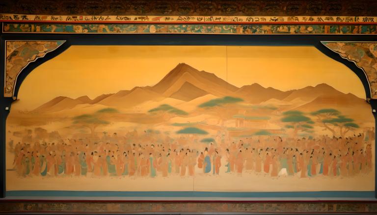 Fresco,Fresco, People, dunhuang murals, mountain, scenery, 1girl, tree, outdoors, black hair