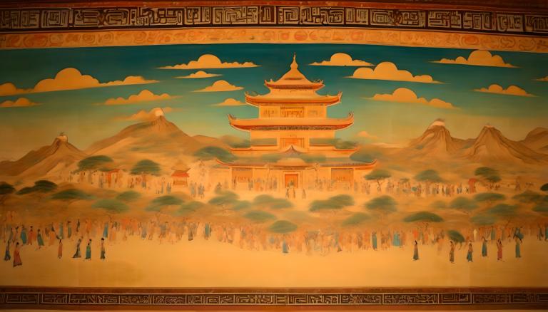 壁画,壁画, 人物, 敦煌の壁画, 山, 雲, 建築, 空, 東アジアの建築, 景色, 屋外, 6人以上男の子, 木, パゴダ, 複数の男の子, 人間がいない