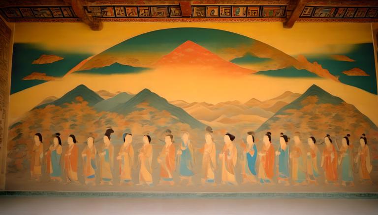 lukisan dinding,lukisan dinding, Rakyat, mural dunhuang, banyak gadis, 6+perempuan, gunung, rambut panjang