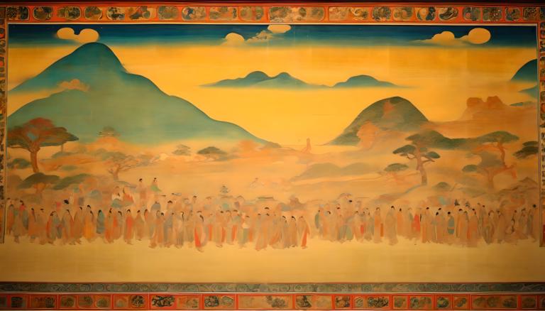 Fresco,Fresco, People, dunhuang murals, mountain, cloud, tree, sky, scenery, outdoors, sun, sunset, no humans