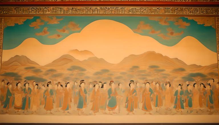 Fresco,Fresco, People, dunhuang murals, 6+boys, multiple boys, mountain, sky, cloud, long hair, black hair