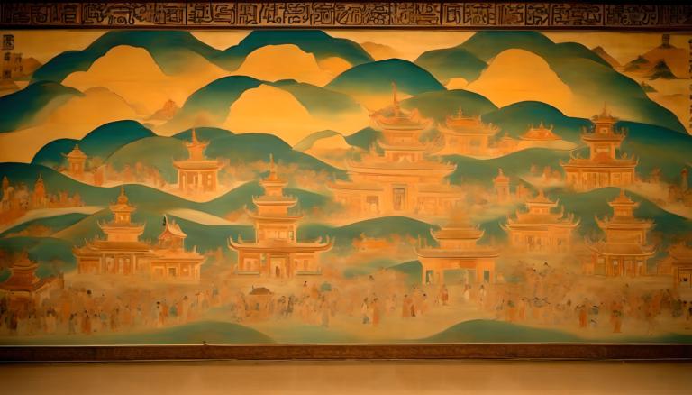 Fresco,Fresco, People, dunhuang murals, scenery, mountain, cloud, no humans, sky, architecture, tree, sunset