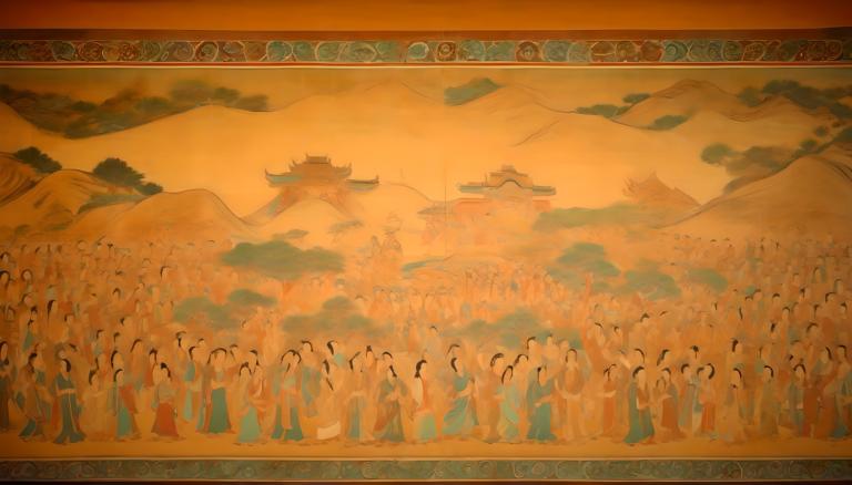 Fresco,Fresco, People, dunhuang murals, mountain, scenery, multiple girls, cloud, sky, 6+boys, multiple boys