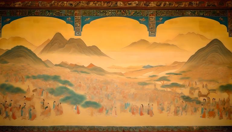 Fresco,Fresco, People, dunhuang murals, mountain, scenery, sky, cloud, sunset, 6+boys, multiple boys, desert