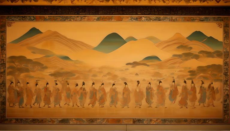 Fresco,Fresco, People, dunhuang murals, multiple boys, 6+boys, mountain, multiple girls, long hair, desert