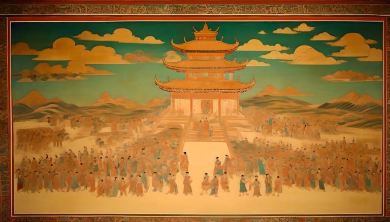 Fresco,Fresco, People, dunhuang murals, cloud, architecture, mountain, sky, east asian architecture, 6+boys