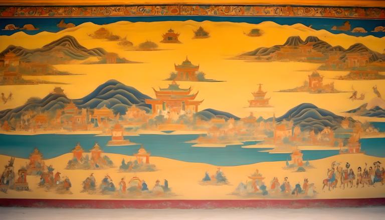 Fresco,Fresco, People, dunhuang murals, east asian architecture, architecture, mountain, scenery, 6+boys