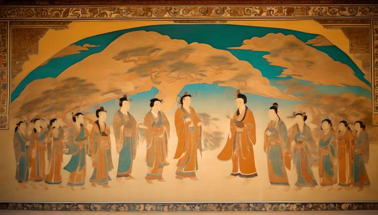 Fresco,Fresco, People, dunhuang murals, 6+boys, multiple boys, cloud, chinese clothes, hanfu, black hair, sky