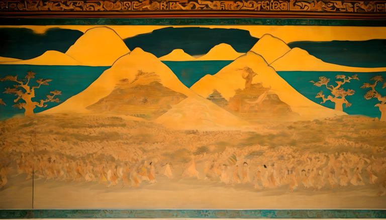 Fresco,Fresco, People, dunhuang murals, mountain, sky, outdoors, scenery, desert, cloud, tree