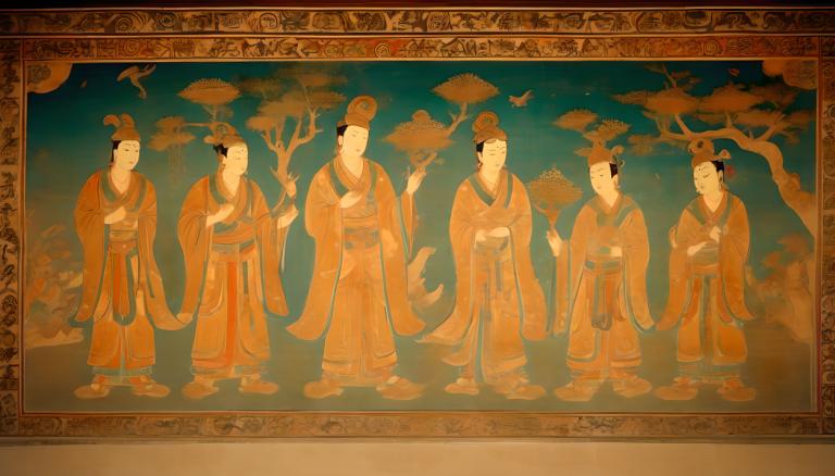 Fresco,Fresco, People, dunhuang murals, hanfu, holding, chinese clothes, multiple boys, long sleeves