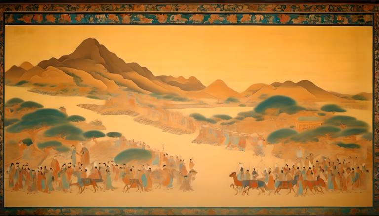 Fresco,Fresco, People, dunhuang murals, mountain, scenery, sunset, outdoors, 6+boys, multiple boys, sky