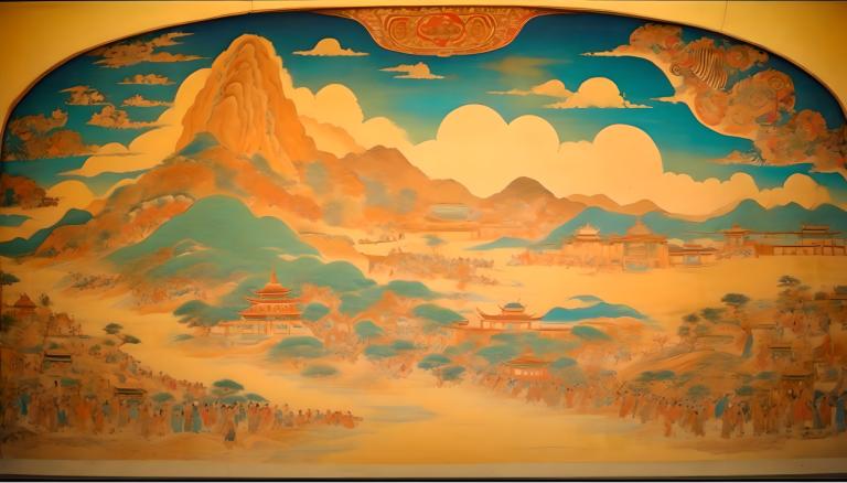 Fresco,Fresco, People, dunhuang murals, cloud, scenery, sky, mountain, no humans, outdoors, tree