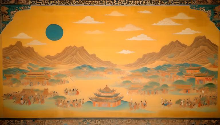 Fresco,Fresco, People, dunhuang murals, mountain, east asian architecture, architecture, cloud, 6+boys