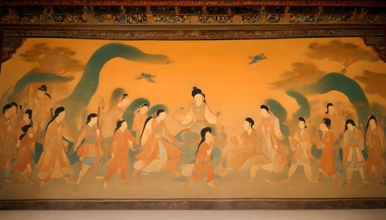 Fresque,Fresque, Personnes, peintures murales de Dunhuang, plusieurs garçons, cheveux longs, pieds nus