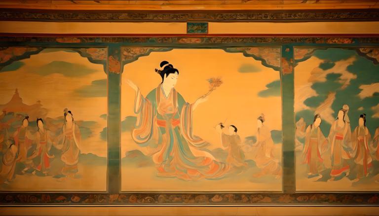 Fresco,Fresco, People, dunhuang murals, hanfu, black hair, chinese clothes, robe, flower, holding