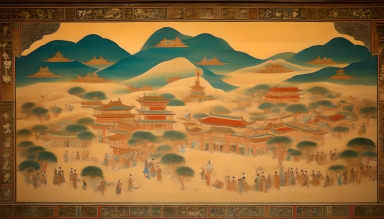 Fresco,Fresco, People, dunhuang murals, mountain, 6+boys, east asian architecture, architecture, scenery