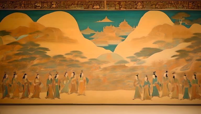 lukisan dinding,lukisan dinding, Rakyat, mural dunhuang, banyak gadis, banyak anak laki-laki, gurun, awan