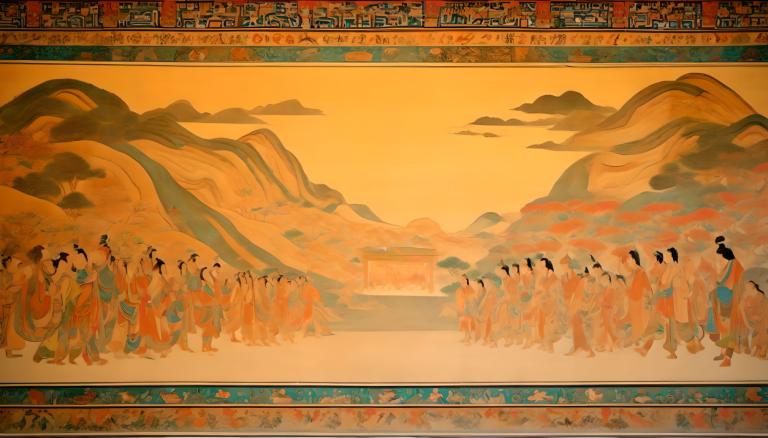 Fresco,Fresco, People, dunhuang murals, multiple girls, mountain, 6+girls, orange theme, sunset, orange sky