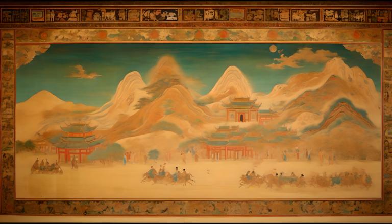 Fresque,Fresque, Personnes, peintures murales de Dunhuang, montagne, nuage, ciel, arbre, paysage, oiseau