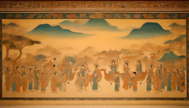 Fresco,Fresco, People, dunhuang murals, multiple boys, 6+boys, tree, multiple girls, long hair, mountain