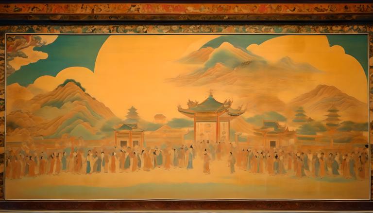 lukisan dinding,lukisan dinding, Rakyat, mural dunhuang, gunung, pohon, arsitektur Asia Timur, pemandangan