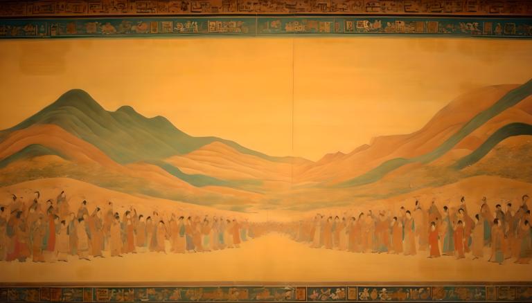 Fresco,Fresco, People, dunhuang murals, mountain, 6+boys, multiple boys, scenery, outdoors, multiple girls