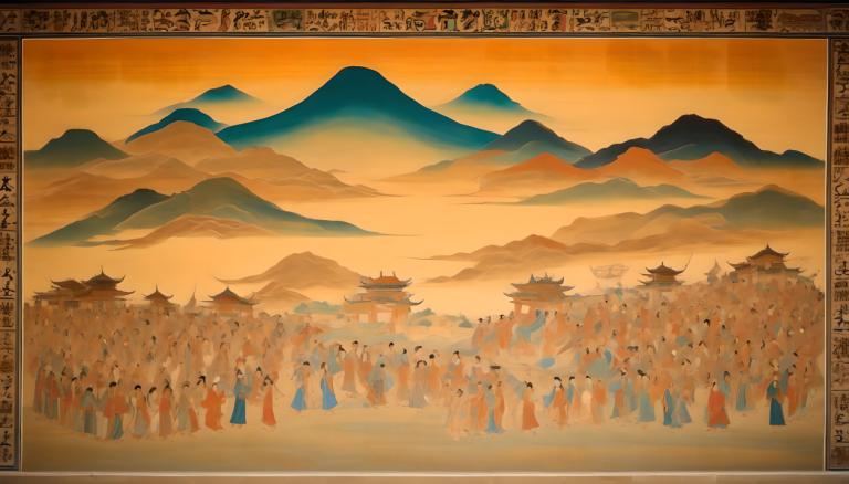 Fresco,Fresco, People, dunhuang murals, mountain, architecture, east asian architecture, scenery, 6+boys